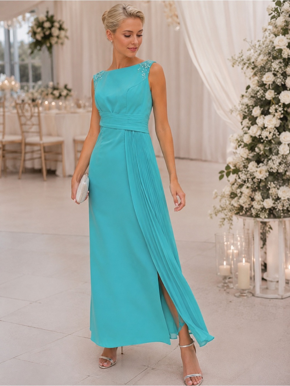 Azazie Turquoise Sleeveless Maxi Dress with Pleated Side Panel